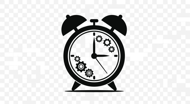 Old fashioned mechanical alarm clock with internal gears on face black silhouette icon.