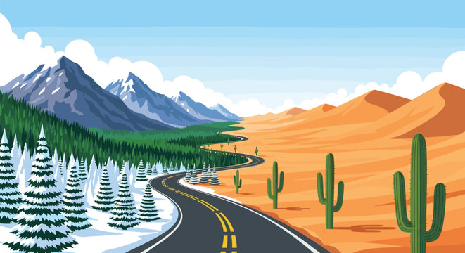 Unique artistic road divides two contrasting landscapes showing a snowy pine forest on one side and a sandy cactus desert on the other.
