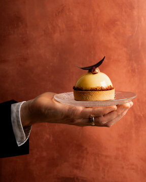 waiter holding a plate with a artisan homemade cake to serve