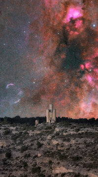 Milky Way Sky Above Medieval Tower &ndash; Veil Nebula and Cygni