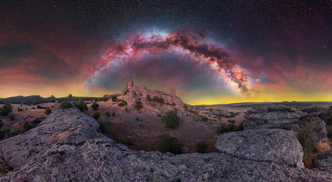 Galactic Arch Above Medieval Zafra Castle, Night Landscape
