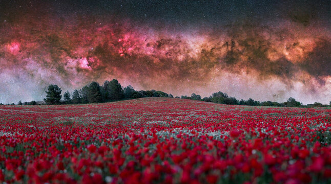 Epic Starry Night Over Vibrant Red Poppies &ndash; Milky Way