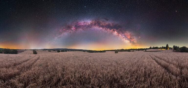 Milky Way Galaxy Over Rural Field, Scenic Night Landscape