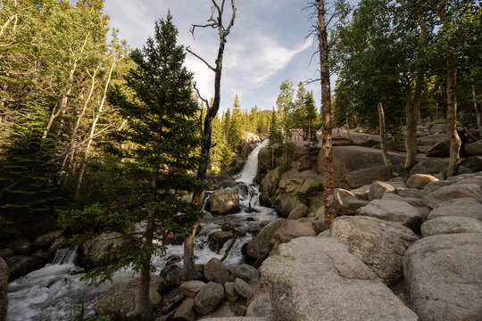 Alberta falls flowing through boulders in rocky forest RMNP