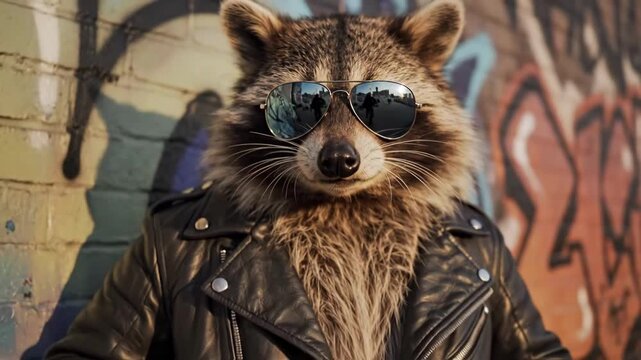 Stylish Raccoon With Sunglasses In Graffiti Backdrop. Chic Raccoon Posing With Hands In City Alley Background. Trendy Raccoon Dons Sunglasses Amidst Vibrant Graffiti And Textured Urban Environment.