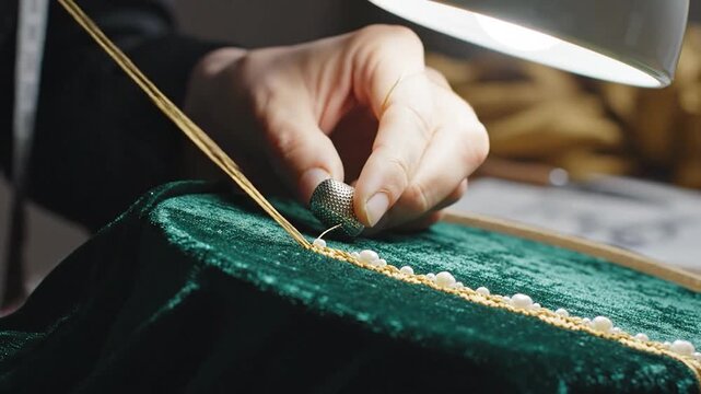 Close up hands sewing white pearls onto rich green velvet fabric with golden thread using needle and thimble highlighting detailed craftsmanship