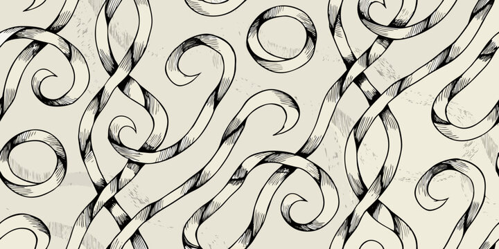 Intricate black and white sketch of swirling ribbon like abstract shapes