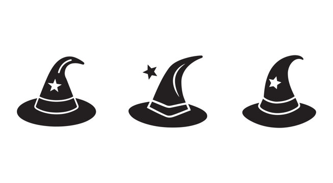 Black silhouette of three magic witches hats with white outlines and stars on white background