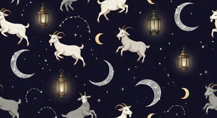 Naklejka premium Goats leap playfully under starry night sky with crescent moons and lanterns.