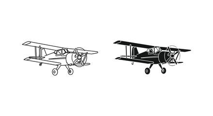 Detailed depictions of biplane aircraft showcasing vintage design black silhouette © AL-AMIN