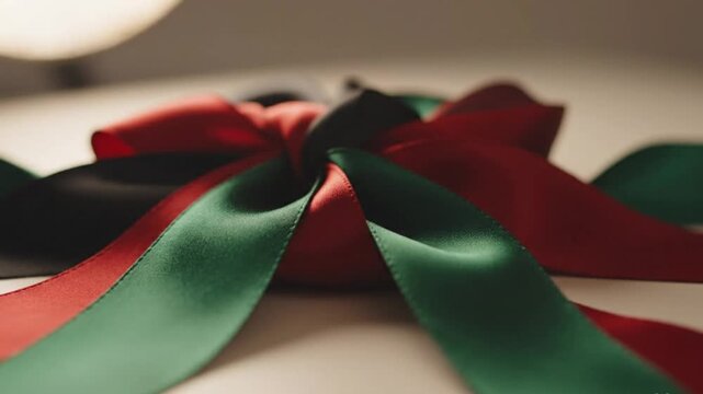 Red green black ribbon arrangement banner with elegant fabric and soft light background