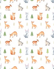 Fototapeta premium Watercolor Forest Animals Pattern - Fox, Deer, Rabbit, and Trees.