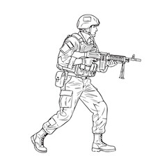 Fototapeta premium Line drawing of a soldier in combat gear walking with a rifle.