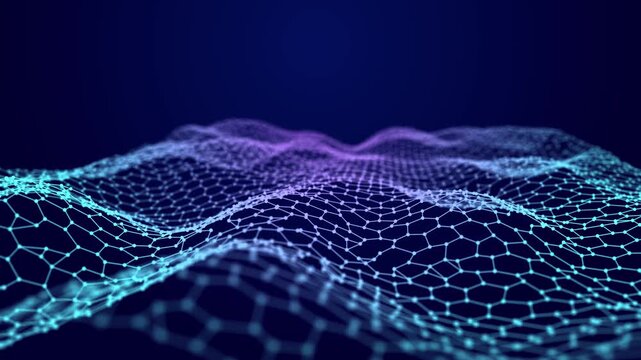 Waves transmit silent codes through a luminous matrix. Particles pulse with digital motion. 3D rendering. Seamless loop.