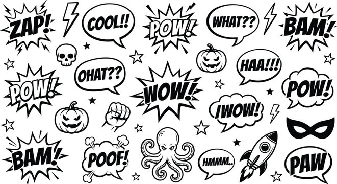 vHand drawn black and white comic speech bubbles with wow zap and bam sound effects plus octopus pumpkin icons