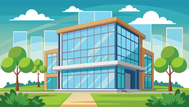 Modern building with large windows surrounded by trees in a sunny park setting with clear blue skies and clouds