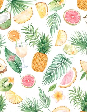 Watercolor Tropical Fruit and Palm Leaf Pattern Design