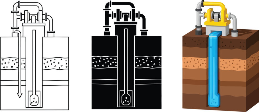 Groundwater well pump system vector illustration set showing water extraction from underground aquifers in outline silhouette and colorful cross-section styles for educational or engineering diagrams