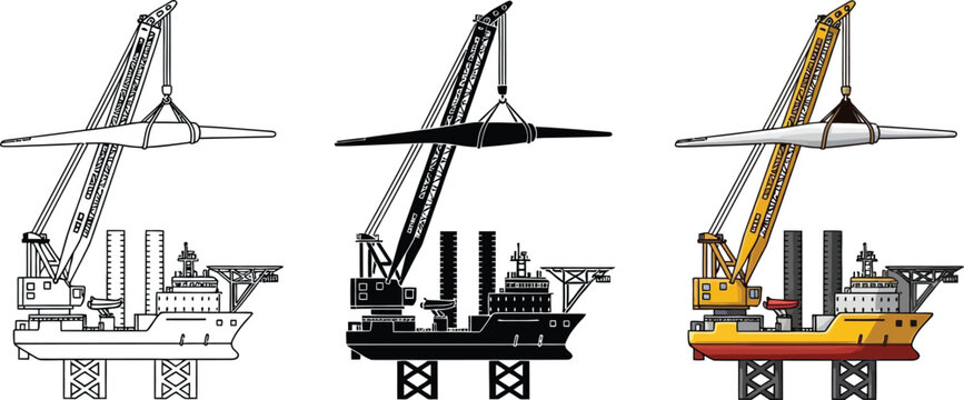 Offshore wind turbine installation vessel with heavy lift crane depicted in a versatile vector illustration set including line art silhouette and colored styles ideal for renewable energy projects