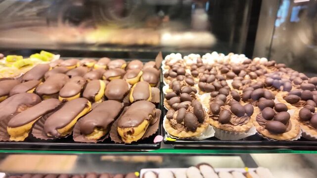 A close-up view of delicious chocolate eclairs and tarts in bakery display case motion.