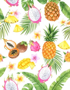 Watercolor Tropical Fruit Pattern Featuring Dragon Fruit, Pineapple, Mango, and Palm Leaves.