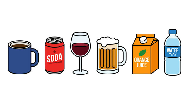 Vector illustration of various drinks including coffee, soda, wine, beer, juice, and water