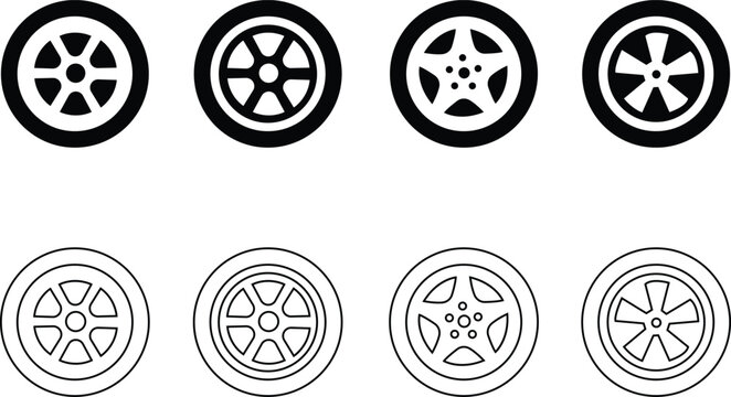 Car wheel icon set. Black rubber wheel tire collection. Vehicle, road, transport, auto - stock vector .car tire icons with different rim designs isolated  automotive transport and garage. isolated on 
