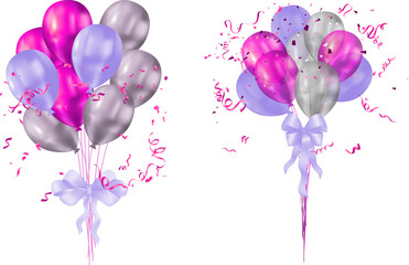 featuring two elegant bouquets glossy balloons shades vibrant magenta soft lavender and metallic silver Each bouquet tied with beautiful