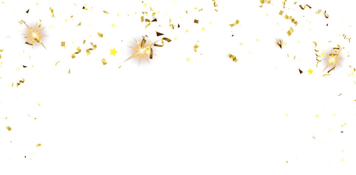 falling golden confetti sparkling stars and swirling ribbons isolated composition features  variety  shiny gold foil shapes
