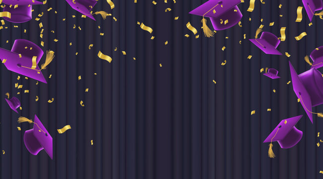 Celebration graduation background featuring purple graduation caps with golden tassels flying and floating across  dark purple pleated curtain backdrop