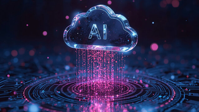 Cloud and edge computing technology data transfer concept. A large cloud icon is in the center, Ai Brain Cloud Big data, network, Science and futuristic ai cloud background concept.