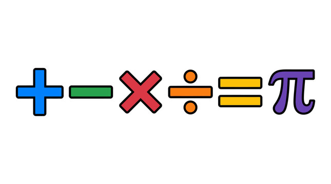 Mathematics symbols colorful illustration with plus, minus, multiply, divide and equals to pi