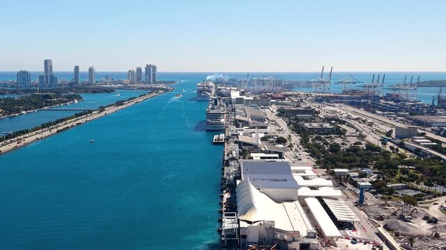 Aerial view of Port Miami cruise ship terminal and cargo area.