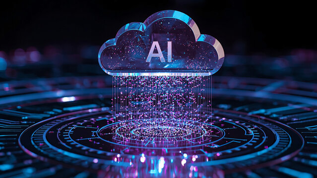 Cloud and edge computing technology data transfer concept. A large cloud icon is in the center, Ai Brain Cloud Big data, network, Science and futuristic ai cloud background concept.