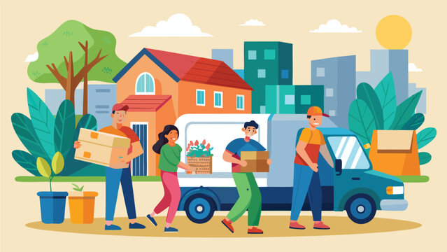 Moving day with people carrying boxes and unpacking near a truck in a city neighborhood during daytime