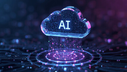 Cloud and edge computing technology data transfer concept. A large cloud icon is in the center, Ai Brain Cloud Big data, network, Science and futuristic ai cloud background concept.