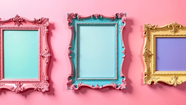Vintage ornate picture frames on pastel wall