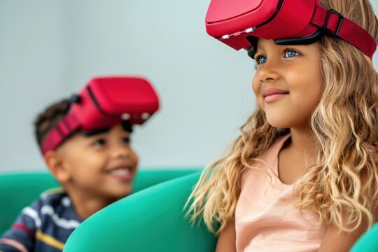 Children wearing virtual reality headsets playing in modern room
