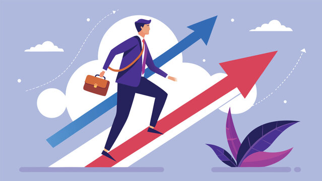 Businessman walking up the arrow showing growth in a bright blue sky with clouds and a plant at the base