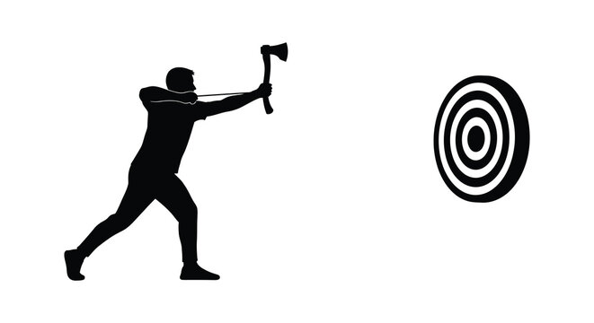 Axe throwing practice with a man preparing to throw at a target silhouette