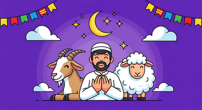 A man and two sheep in a festive scene