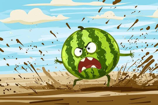 This whimsical illustration depicts an angry watermelon character rushing through mud, adding a fun and quirky twist to the concept of fruit personification in a vibrant and imaginative art style.