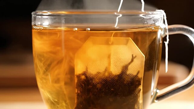 Tea bag steeping in clear glass mug with hot water