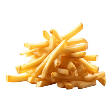 Golden french fries pile isolated on white background, crispy deep fried potato sticks, salty fast food snack for restaurant menu design
