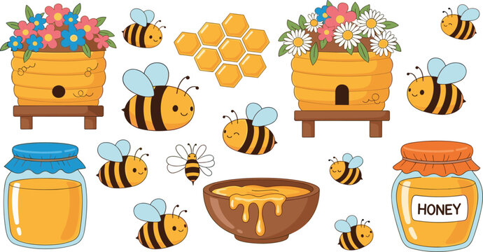 Cute honey bee and beehive set vector illustration with flowers honeycomb jar and flying bees cartoon style