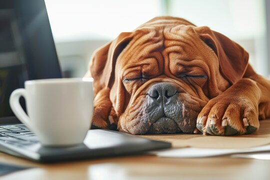 A droopy dog seamlessly blends into an office environment, resting its head on a desk adjacent to a laptop and a coffee cup, showcasing a typical day of companionship in work-life balance.
