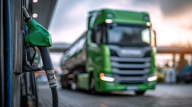 A green fuel pump nozzle at a gas station with a large green truck blurred in the background.