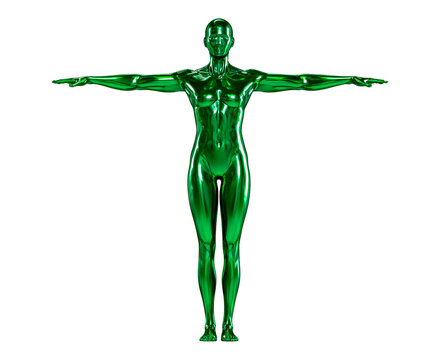Chrome green full body human figure in t pose on transparent background PNG