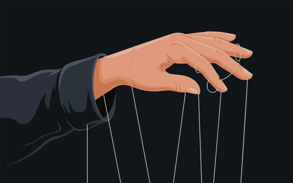 A hand controls puppets with strings on a dark background.
