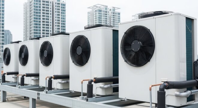 A row of air conditioning units on a rooftop with city skyscrapers in the background